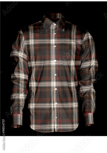 Long Sleeve Men's Brown and Charcoal Plaid Dress Shirt, Ghost Mannequin Style Isolated on Black Background