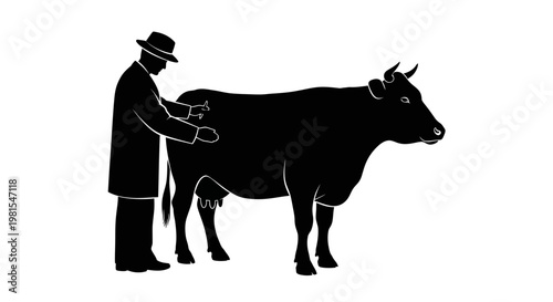 Farmer milking cow black silhouette illustration agriculture scene