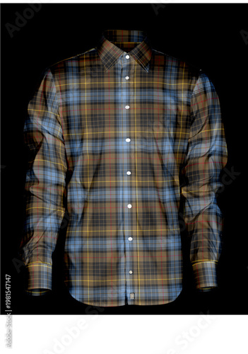 Long Sleeve Men's brown and Blue Plaid Dress Shirt, Ghost Mannequin Style Isolated on Black Background