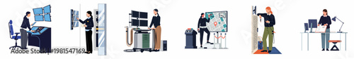 Set of flat illustrations featuring professional women working in technology, security monitoring, data center management, and IT infrastructure roles.