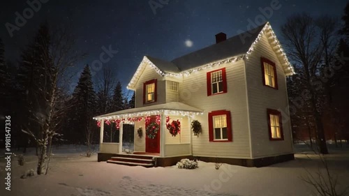 A snow-covered house with Christmas lights on a porch at night in winter