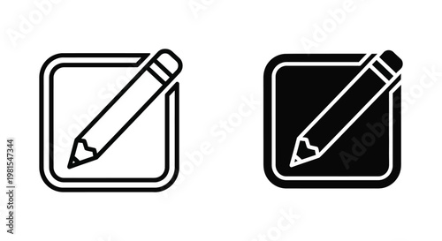 Minimalist edit and write icons featuring a pencil in a rounded square frame, available in both outline and solid glyph styles for web and app interface design.