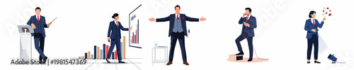 Set of professional business people in various presentation and communication scenarios featuring speakers analysts and leaders in formal suits