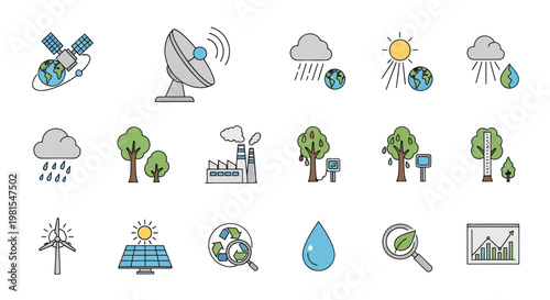 Environmental Technology Icons: Earth Satellite, Wind Turbine, Solar Panel, Factory, Weather, Trees, Water