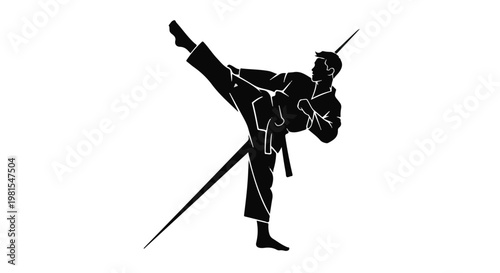Martial artist performs a high kick in this dynamic silhouette illustration representing strength and discipline.