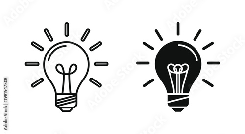 Minimalist light bulb icons in outline and solid styles representing creative ideas, innovation, and electrical energy solutions on a white background