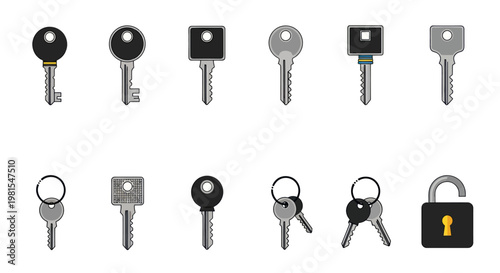Collection of security keys and unlocked padlock, diverse designs, access concept