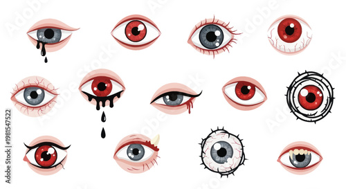 Collection of Stylized Eyes with Blood, Tears, and Barbed Wire - Horror and Emotion