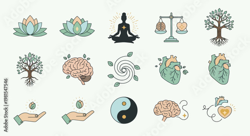 Holistic Health Icons: Mind, Body, Spirit, Balance, Nature, Yoga, Heart, Brain