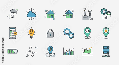 Internet of Things Icons: Smart Home, Cloud, Data, Security, and Technology Concepts
