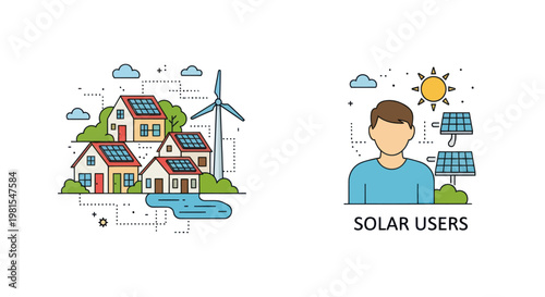 Eco-friendly homes with solar panels and wind turbine, plus solar energy user concept