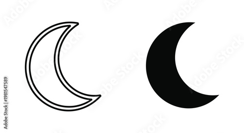 Minimalist crescent moon icon set featuring outline and solid black silhouette styles for night sky, astrology, and lunar cycle graphic design projects