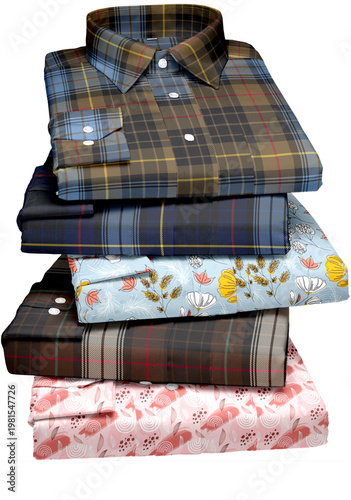 Stack of Folded Men's Dress Shirts in Assorted Plaid, Floral, and Patterned Prints