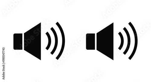 Minimalist black speaker icons set for digital user interface design representing audio volume and sound levels on a clean white background