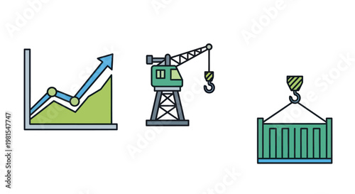 Business Growth, Crane, and Shipping Container Icons: Logistics and Industry Concept