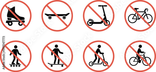 Skate, silhouette icon set with bicycle skateboard roller skate scooter symbols, allowed and forbidden signs, safety pictogram collection, clean vector illustration design.