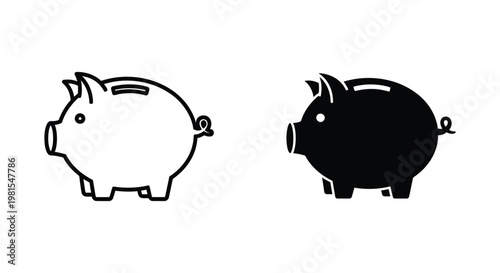 Minimalist piggy bank icons in outline and solid black styles for financial planning, personal savings goals, and smart money management on a clean white background.