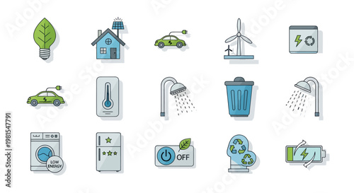 Eco-friendly Icons Set: Renewable Energy, Sustainability, Green Technology