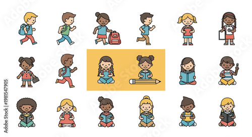 Diverse Kids Reading Books and Backpacks, Back to School Cartoon Characters