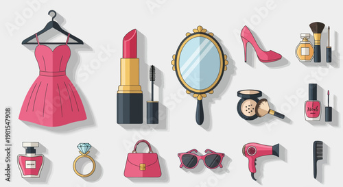 Fashion and Beauty Icons: Dress, Lipstick, Mirror, Heels, Perfume, Bag, Ring, Hair Dryer