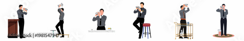 Set of flat vector illustrations depicting professional male bartenders shaking cocktails in various settings and poses for mixology concepts.