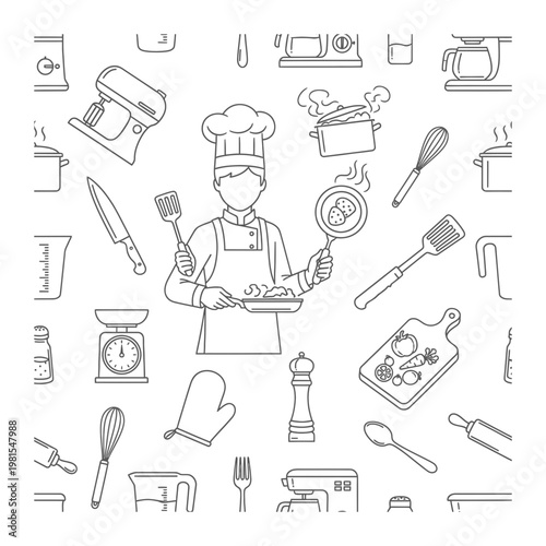 Chef cooking with kitchen utensil icons, chef hat