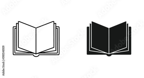 Minimalist open book icons in outline and solid black styles for educational platforms, digital libraries, and academic publishing design