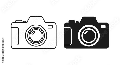 Minimalist digital camera icons in outline and solid silhouette styles for professional photography branding, web design, and mobile app user interfaces.