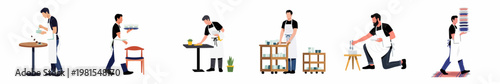 Set of flat vector illustrations showing male waiters in aprons performing various tasks in a restaurant, such as serving, cleaning, and carrying plates.