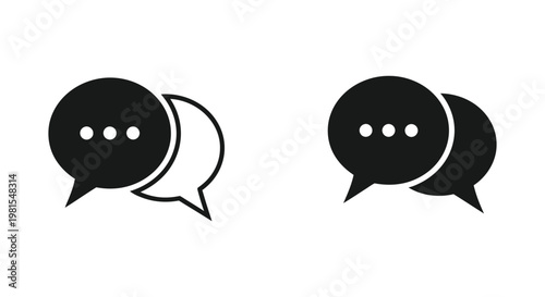 Set of minimalist black speech bubble icons with ellipsis representing active digital communication, online messaging, and customer support dialogue for web and app design.