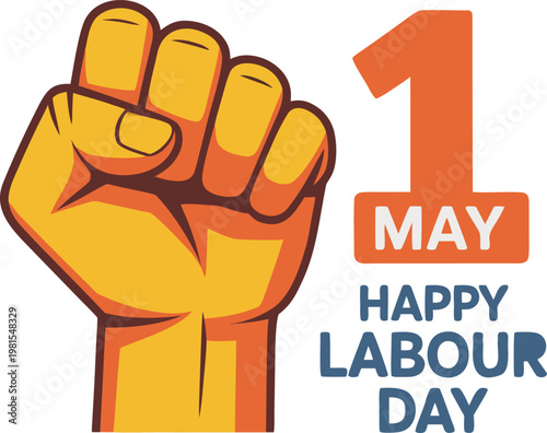 1 May Happy Labour Day cad drawing flat vector illustration with orange raised fist symbol for international workers solidarity celebration and social justice