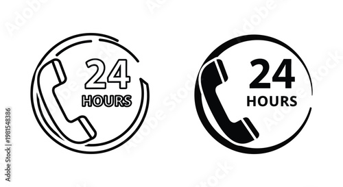 Minimalist 24 hours customer service icons featuring telephone handset and circular arrow for around the clock technical support and emergency contact availability