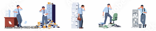 Set of illustrations depicting an exhausted businessman overwhelmed by piles of paperwork and bureaucratic workload, representing workplace stress and professional burnout.