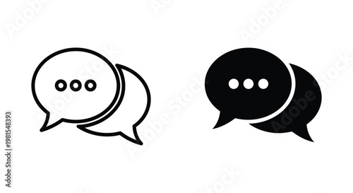 Set of minimalist speech bubble icons in outline and solid black styles for customer support interfaces, social media messaging apps, and digital communication design.
