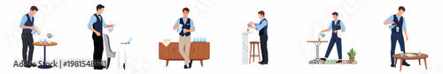 Set of professional male waiters performing various service duties like pouring water and setting tables in a restaurant, flat vector illustration.