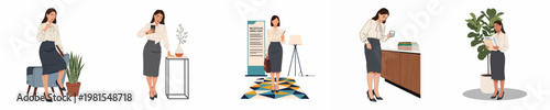 Set of flat vector illustrations of a professional businesswoman in various office environments, including a reception area, desk, and waiting room.