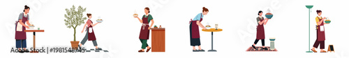 Flat vector illustrations of female restaurant waitresses in various poses serving hot food and attending to dining tables across different restaurant settings.