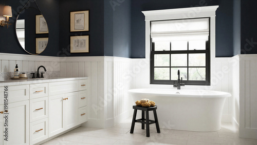 Fotografie Classic farmhouse style bathroom with dark blue walls and white wainscoting bath