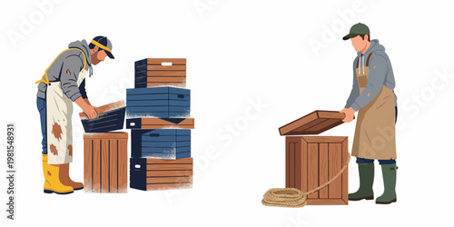 Vector illustration of two men working with wooden crates and cargo boxes, depicting labor in logistics, shipping, or the commercial fishing industry.