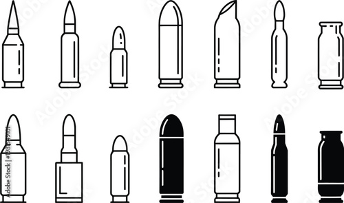 Ammunition bullet types icons set with various calibers for defense and security equipment silhouette