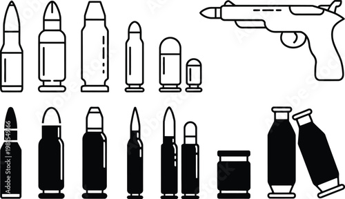 Military ammunition icons with gun silhouette and bullet cartridges collection for tactical equipment