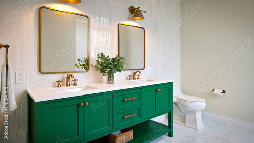 Schilderij op canvas Elegant bathroom design featuring deep green vanity and brass fixtures bathroom