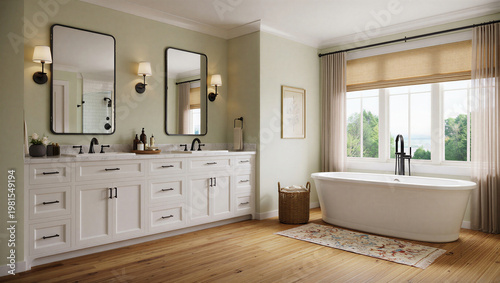 Canvas-taulu Spacious traditional bathroom with freestanding bathtub and white dual vanity ba