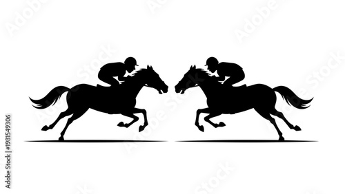 Silhouettes of two jockeys riding racehorses in a dynamic headtohead competition.
