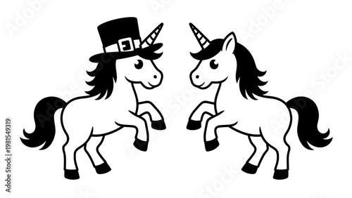 Two cute cartoon unicorns one wearing a top hat standing on hind legs.