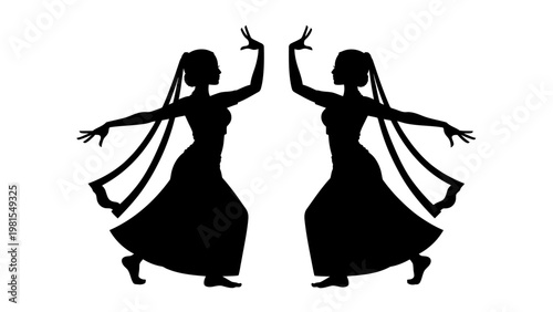 Two graceful Indian dancers in traditional attire performing a classical dance.