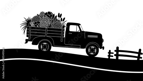 Vintage Farm Truck Hauling Abundant Harvest of Plants and Produce.