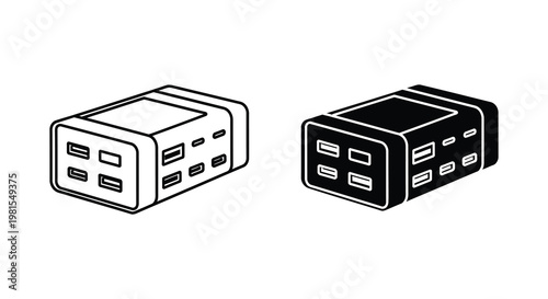 Two black power adapter icons in contrasting tones a stark silhouette