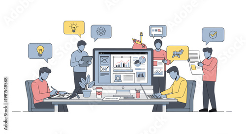 Business Team Collaboration Meeting Analyzing Data on Computer Screen