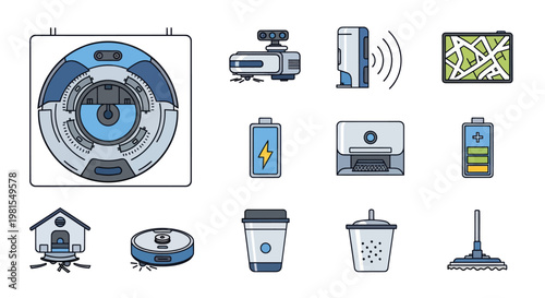 Smart Home Technology Icons: Robot Vacuum, Printer, Battery, Map, Coffee Cup